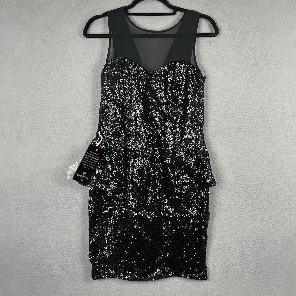 Bebe Wonderland Peplum Sequin Dress Womens Large Black Bodycon Mini Cocktail